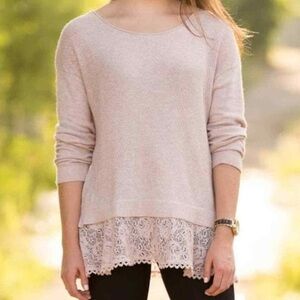 Anthropologie Knitted & Knotted Bloom Lace Pullover Sweater in Blush Pink​​
